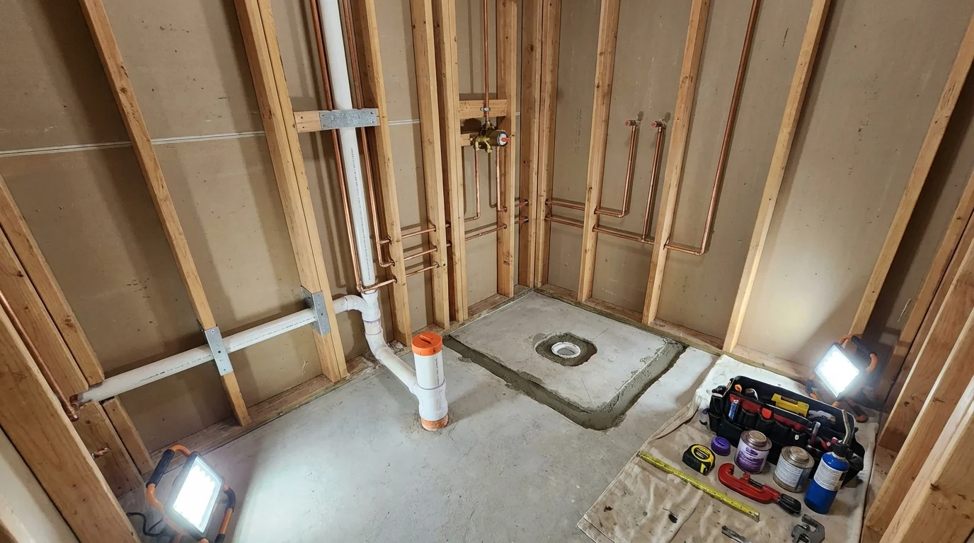 Bathroom rough-in plumbing during remodel by Johns Plumbing LLC in Berwick