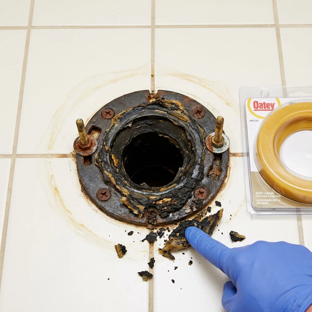 Failed wax ring showing water seepage at the base of a toilet in a Berwick, LA home